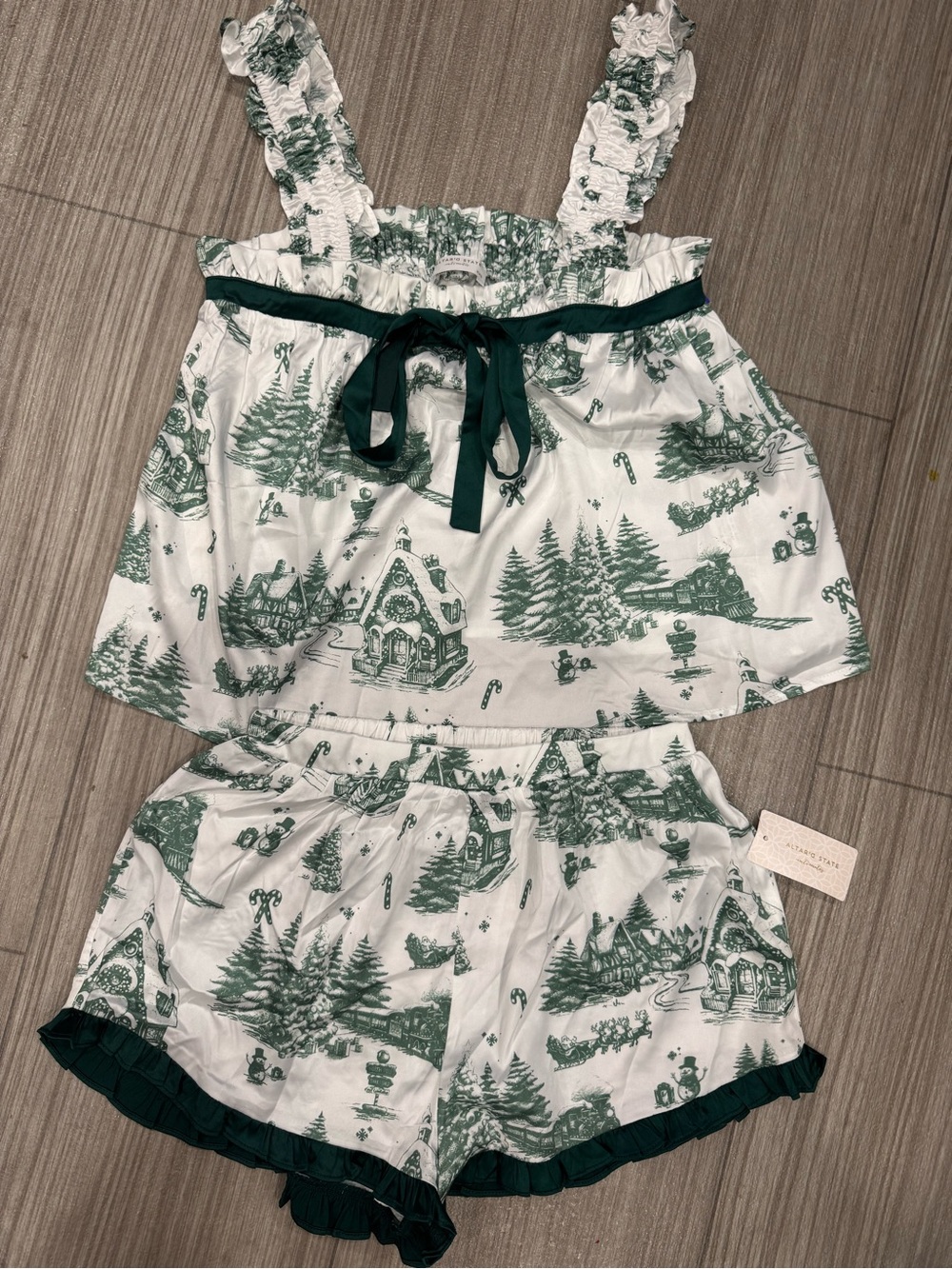 Altar'd State White & Green Holiday Village Ruffle Pajama Set